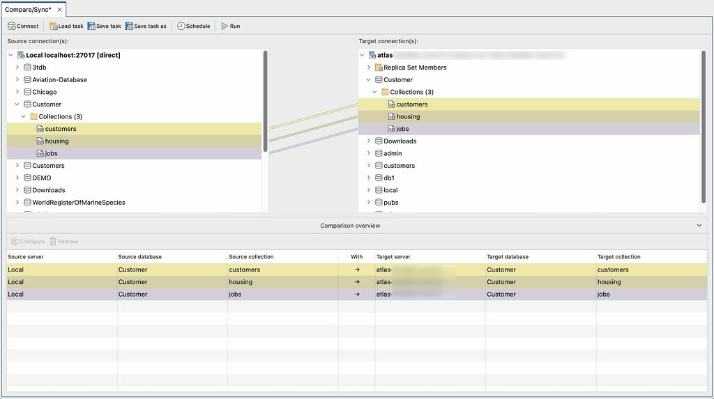 Simply drag the MongoDB source database on top of the target database and their collections are automatically selected for comparison