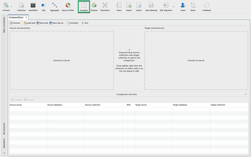 Comparing MongoDB collections starts by clicking the Compare button on the Studio 3T toolbar