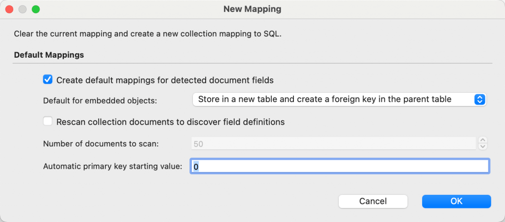 The New Mapping dialog allows you to create new mappings for your MongoDB source collection and rescan the documents
