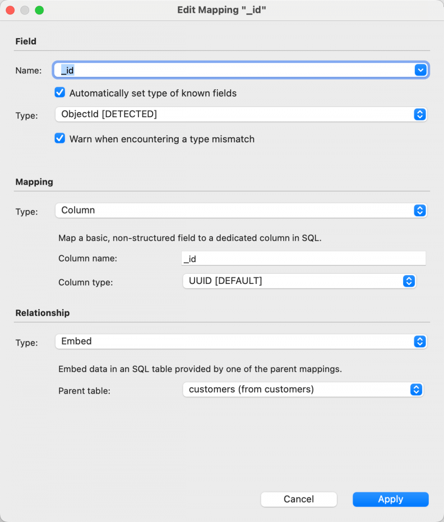 Use the Edit Mapping dialog to change field names or types, specify mapping types or relationship types