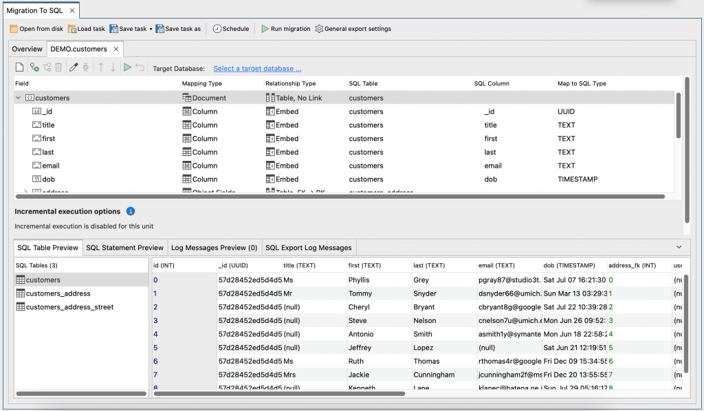 Studio 3T creates default mappings for your MongoDB to SQL migration using the most frequently occurring data type for a field.