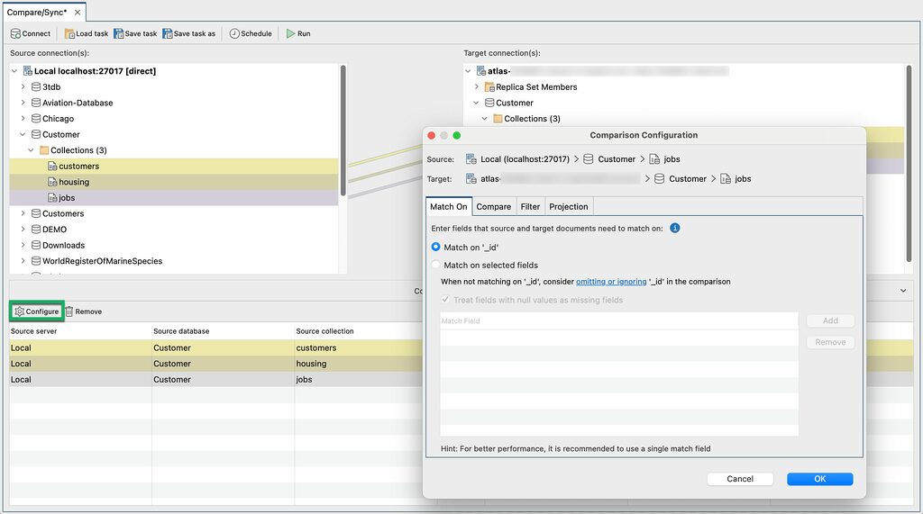 Configure your MongoDB data comparison: decide what fields to match on and compare, filter data, or restrict the fields using projection