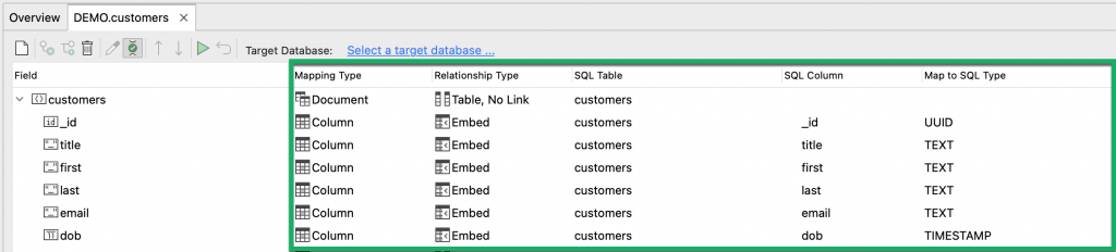 Click the cells in the Mapping Type, Relationship Type, SQL Table, SQL Column, and Map to SQL Type columns to edit the mapping configuration