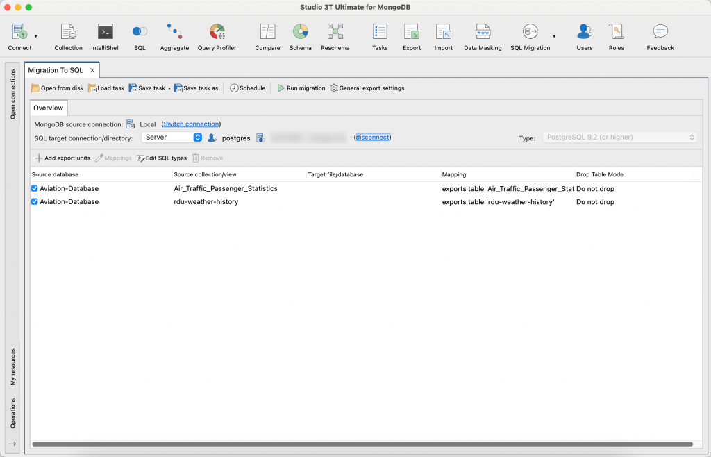 Set the source connection and target database for your MongoDB to SQL migration on the Overview tab. View the list of export units.