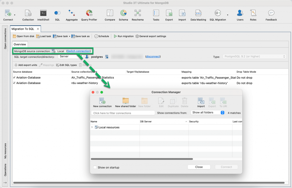 Select the MongoDB connection for your MongoDB to SQL migration with Connection Manager