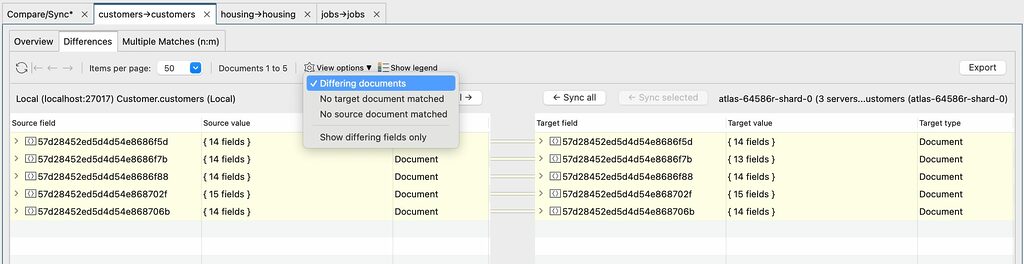 With Studio 3T's Data Compare and Sync, you can choose to only show differing documents for a cleaner overview