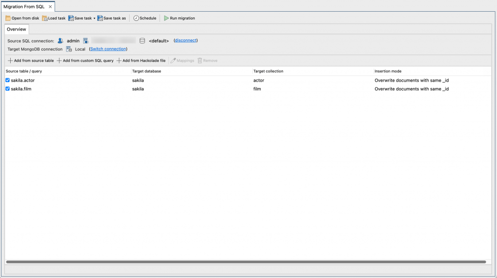 The SQL Migration Overview tab lets you choose your Source SQL connection, Target MongoDB connection, and add the import units (SQL Tables) you want to import.