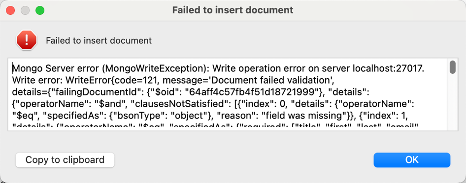 Studio 3T displays an error message with the message 'Document failed validation' and code 121 when inserting a document that does not meet the rules specified in the JSON Schema