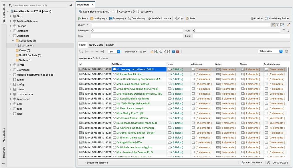 The Collection Tab is the starting point for you to explore MongoDB collection data in Studio 3T