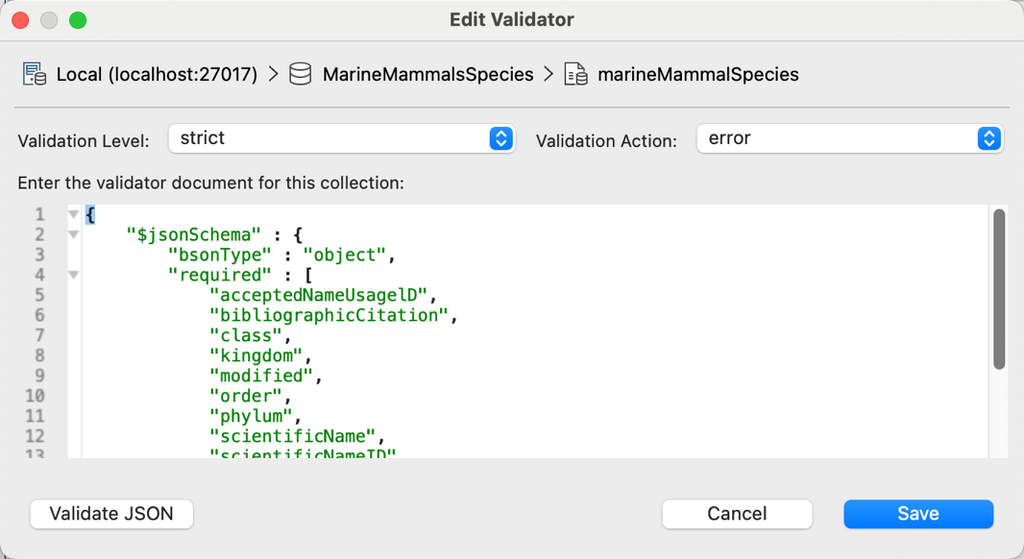 Paste the JSON into Studio 3T's Edit Validator dialog