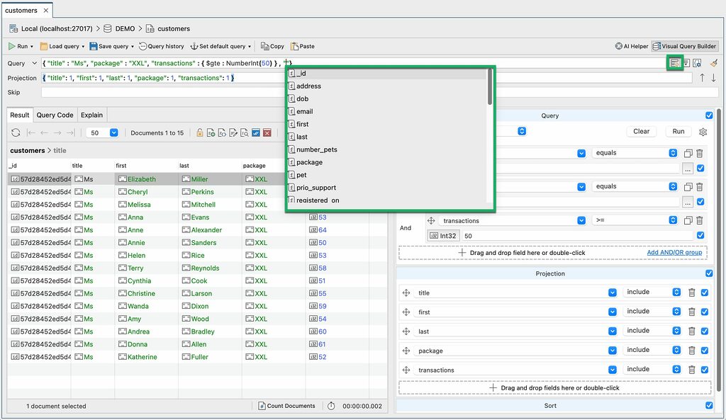 The auto-completion box in the Collection tab is available on the Query, Projection, and Sort fields