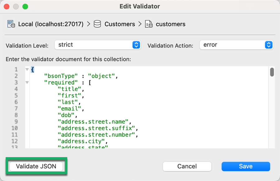 Validate JSON before saving your JSON Schema to your MongoDB collection