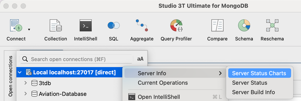 Right-click on a MongoDB connection, database, or collection and choose Server Info then Server Status Charts to monitor the health of your instance