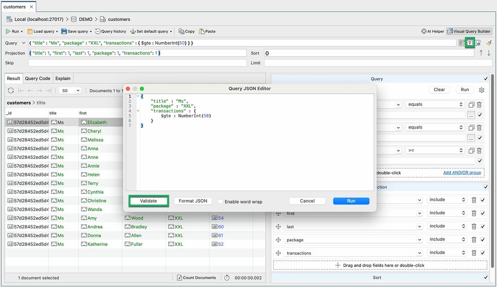 The Query JSON Editor where you can edit the entire query and validate it