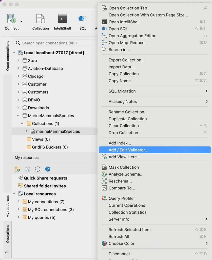 Open the validator dialog in Studio 3T to add validation for JSON Schemas at the MongoDB collection level