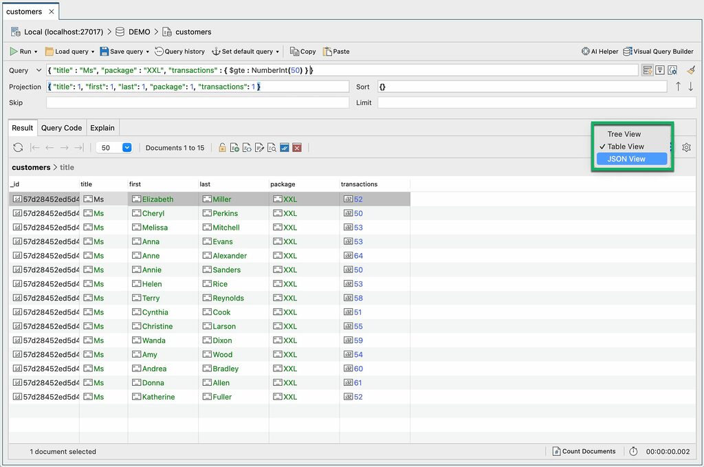 Studio 3T displays MongoDB collection data in JSON format, as a hierarchical tree-view, or in a tabular view