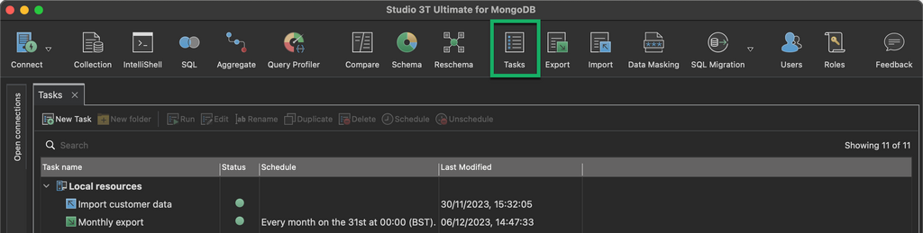 Work with MongoDB Tasks in Studio 3T to automate and schedule operations such as imports and exports
