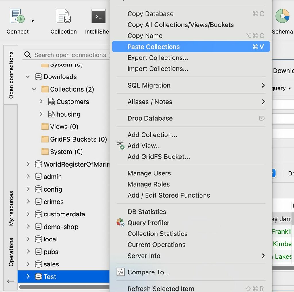 To paste MongoDB collections to another database or collection, select the database in the Connection Tree, right-click, and select Paste Collection(s)