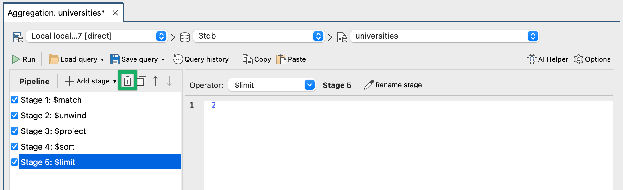 Use the "delete" button to remove stages from the pipeline in the Aggregation Editor.