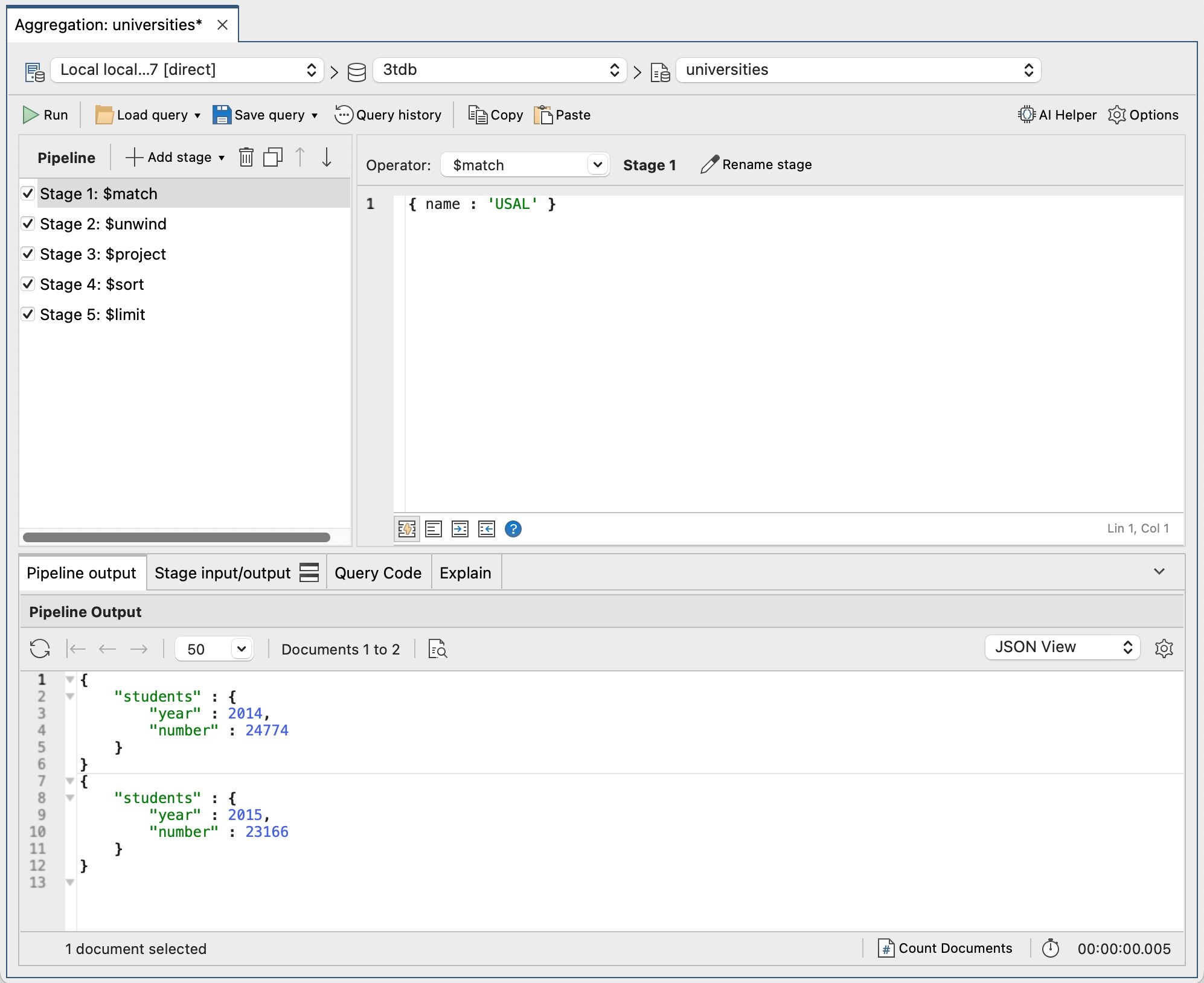 The image shows the entire aggregate pipeline and the query's results.