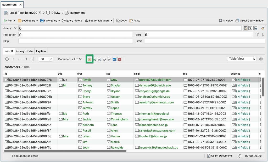 Read-only mode for MongoDB document fields and collections in Studio 3T