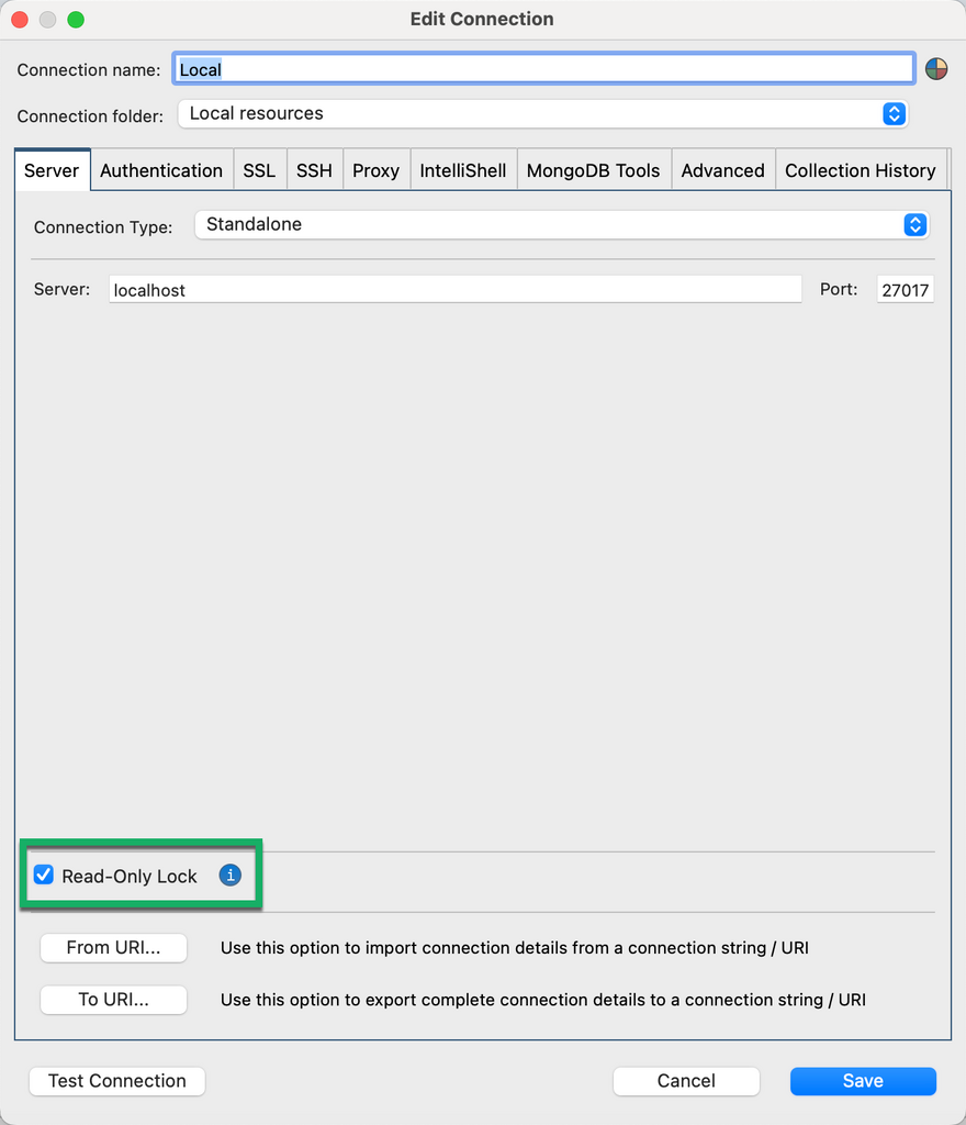 Set a MongoDB connection to read-only mode in Studio 3T