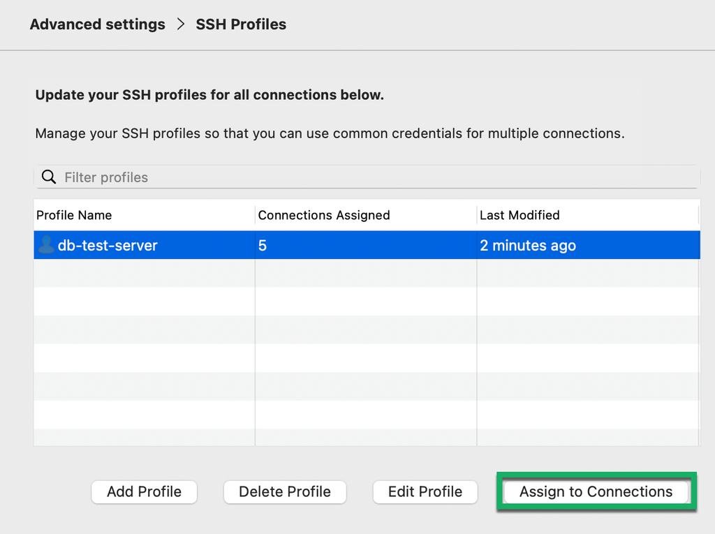 Assign SSH profiles to MongoDB connections so that you can update common passwords in one place