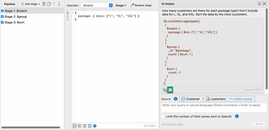 Click Change pipeline to use the AI-generated query and Studio 3T creates the stages in the MongoDB aggregation pipeline