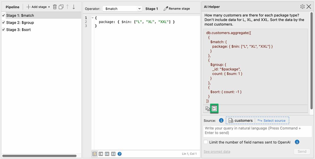 Click Change pipeline to use the AI-generated query and Studio 3T creates the stages in the MongoDB aggregation pipeline