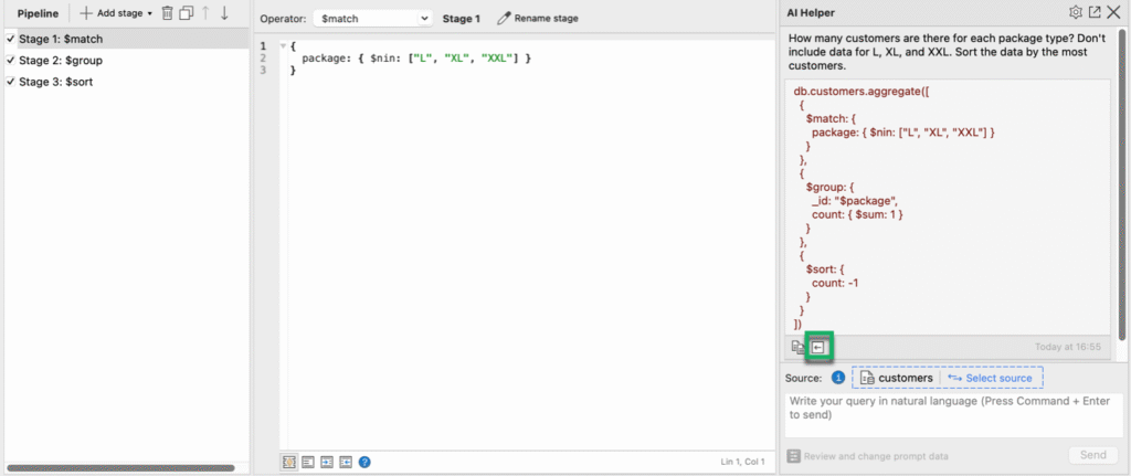 Click Change pipeline to use the AI-generated query and get Studio 3T to create the stages in the MongoDB aggregation pipeline.