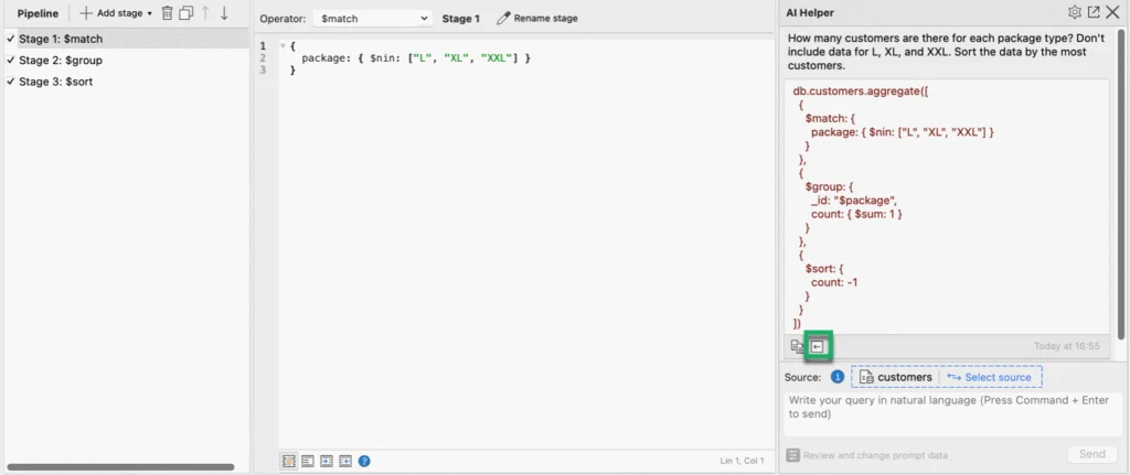 Click Change pipeline to use the AI-generated query and get Studio 3T to create the stages in the MongoDB aggregation pipeline.