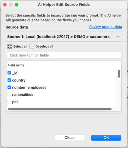 Choose the source fields to include in the prompt to send to the AI model and review the prompt metadata.