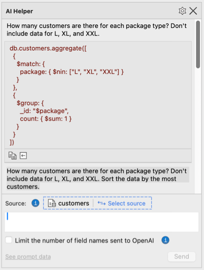 Ask questions about your data in your natural language and the AI model responds with a MongoDB query, ready for you to use in Studio 3T