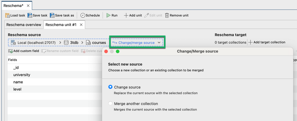 Merge multiple MongoDB source collections or start again with a new source