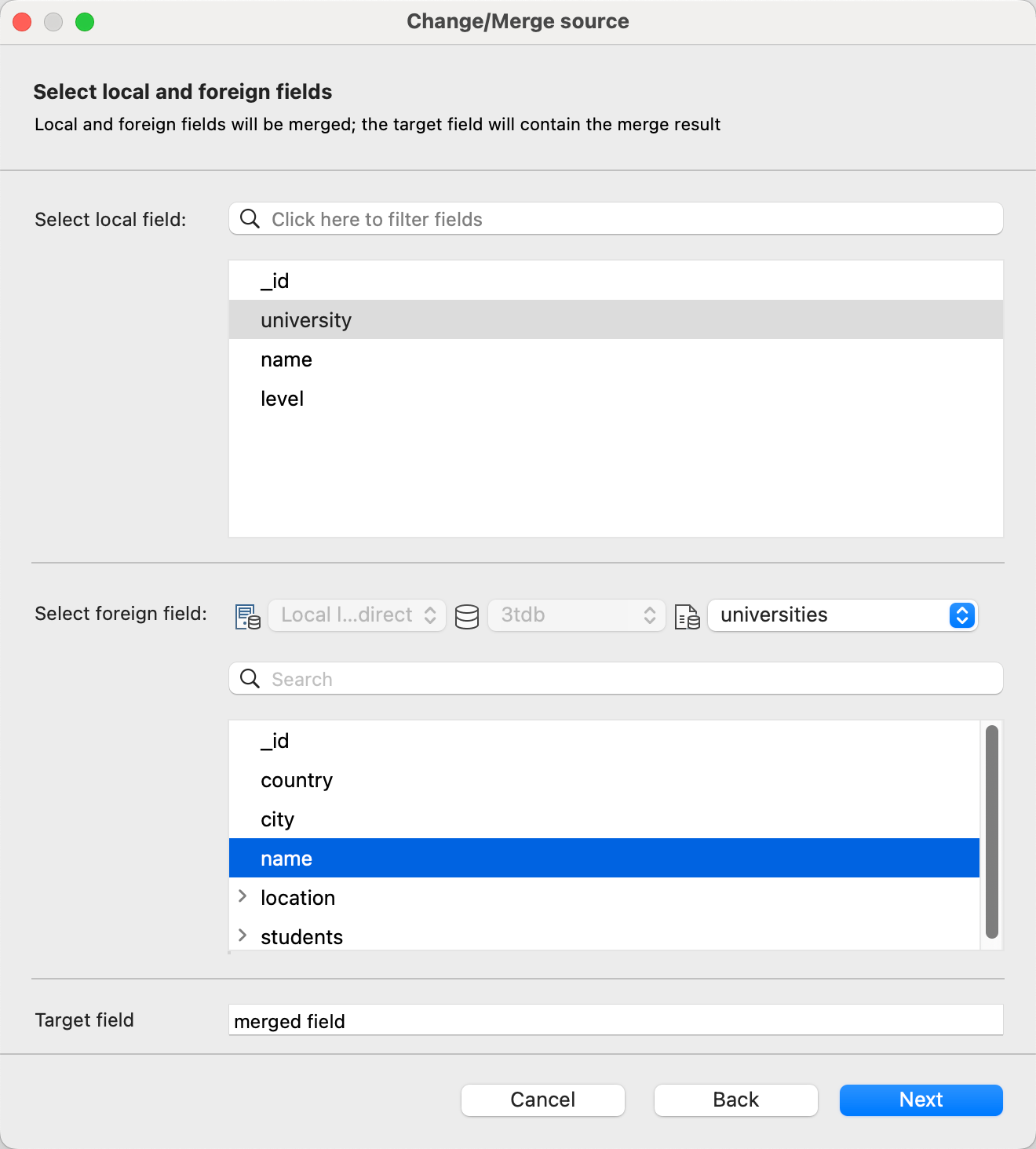 Choose local and foreign fields in the MongoDB source collections