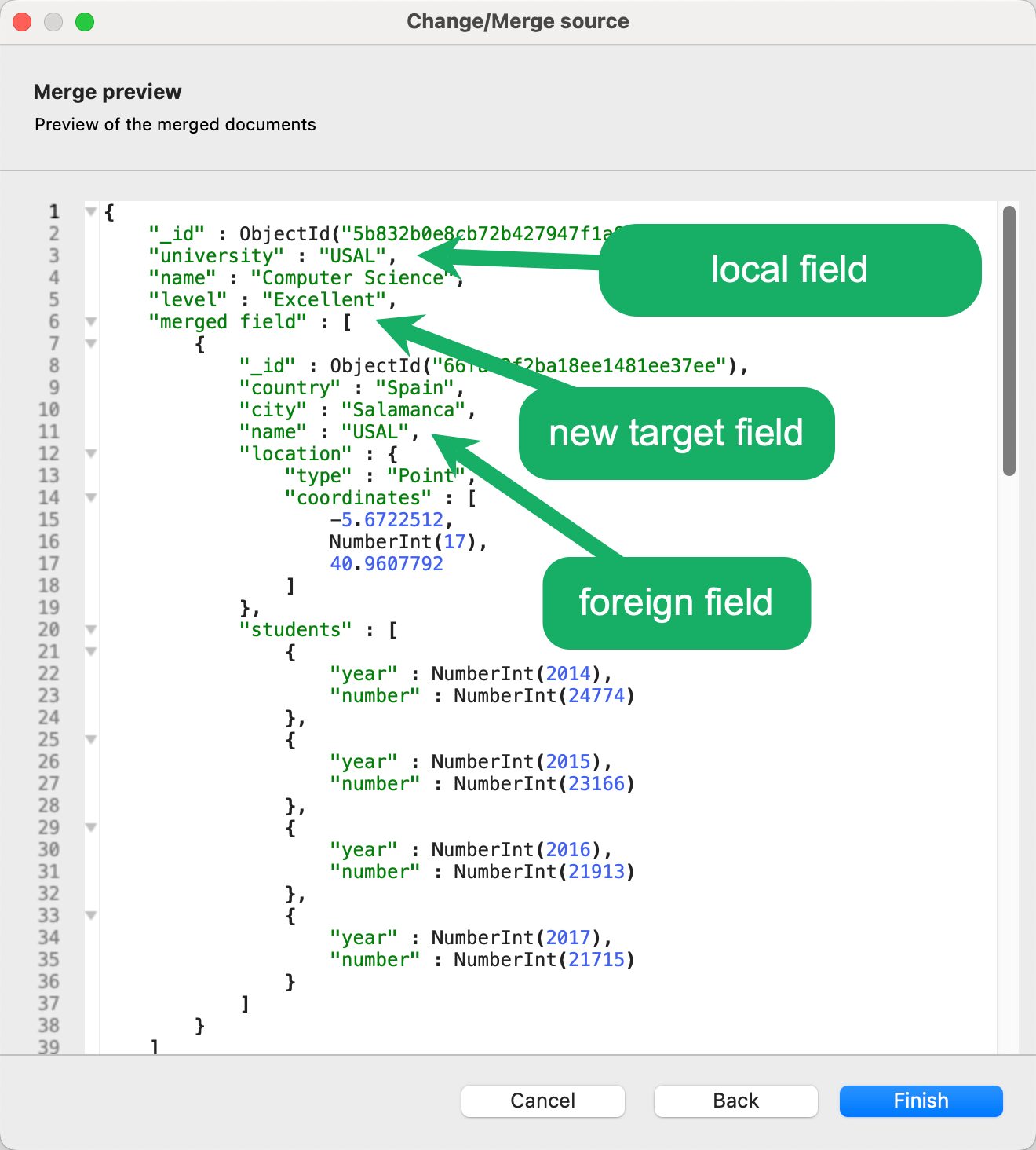 JSON preview of the MongoDB collections you are merging showing the local and foreign fields