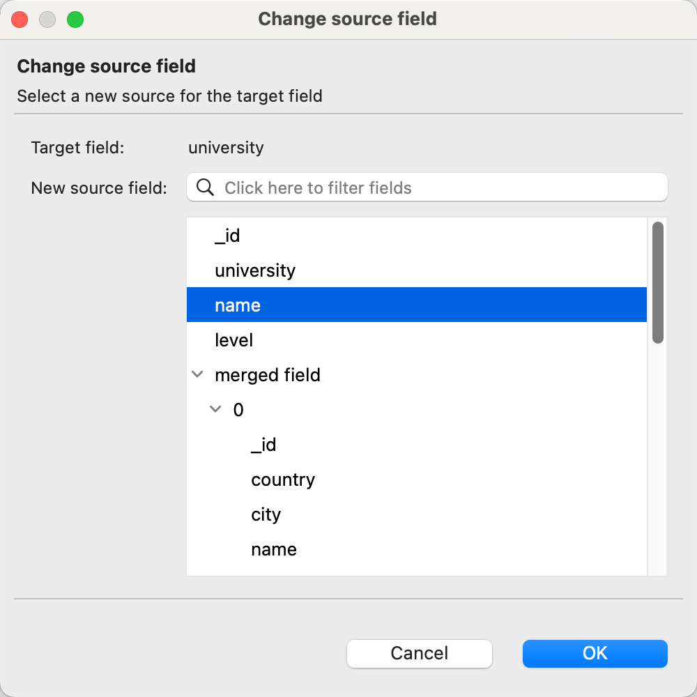 Change where the selected field in the MongoDB document will get its value