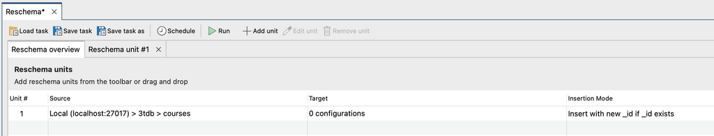 The Reschema overview tab displays the MongoDB source collections you want to update or transform