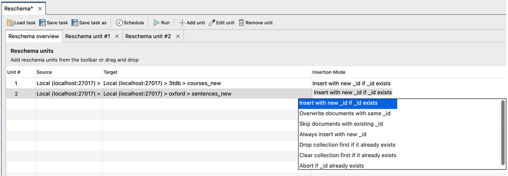 The Reschema overview tab shows all the collections in the MongoDB schema transformation