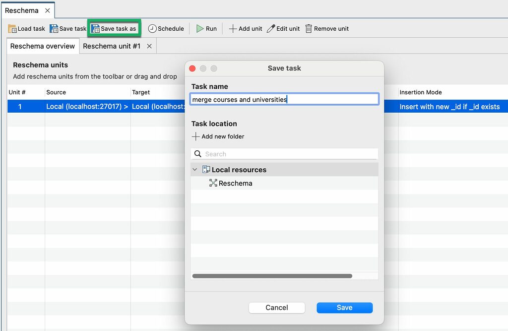 Save the MongoDB schema transformation as a task