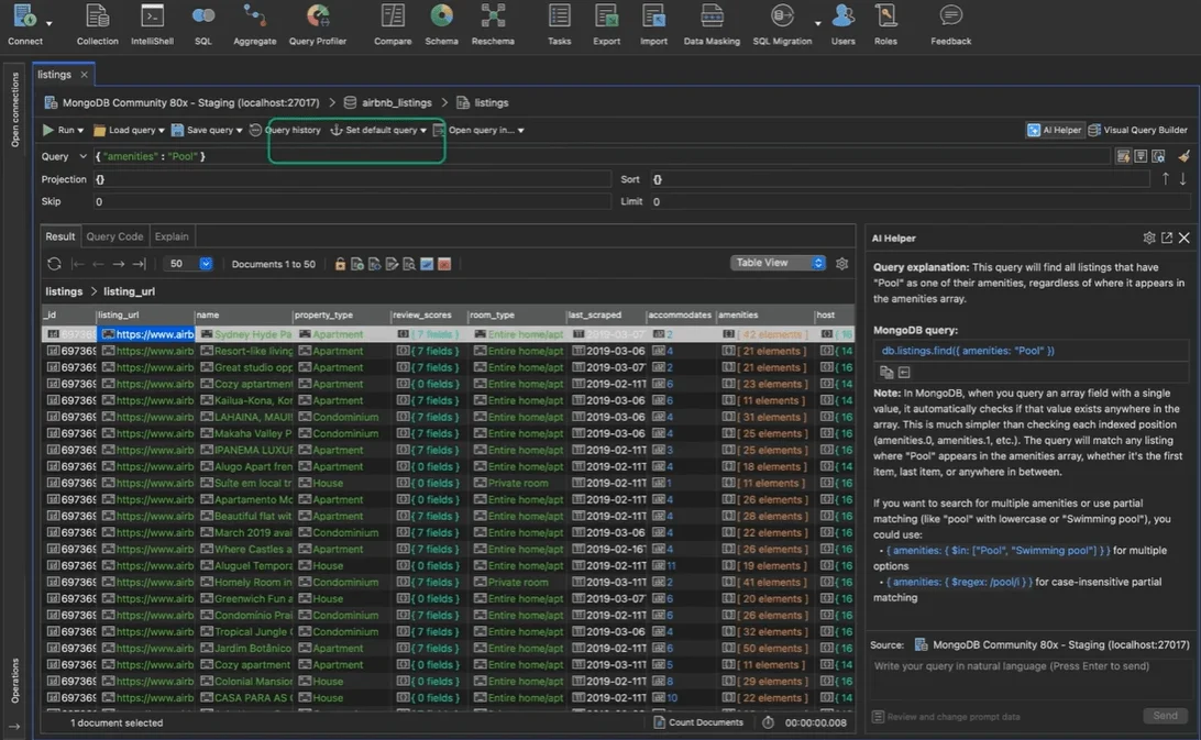 Studio 3T interface showing a MongoDB query filtering listings by amenities with results displayed and AI Helper explaining the query
