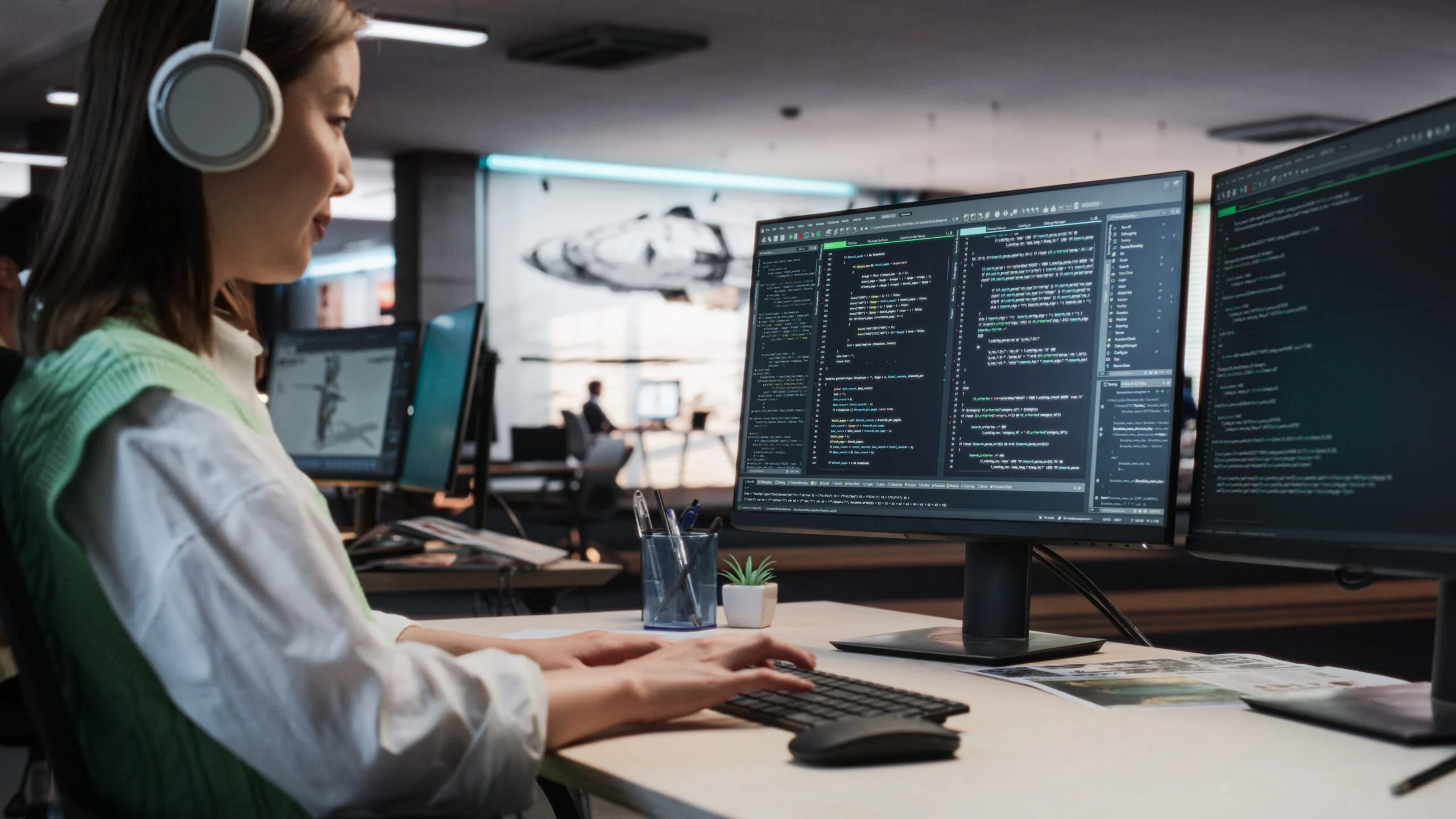 Software developer writing code across multiple monitors in an AI for DevOps environment using AI assisted development tools.