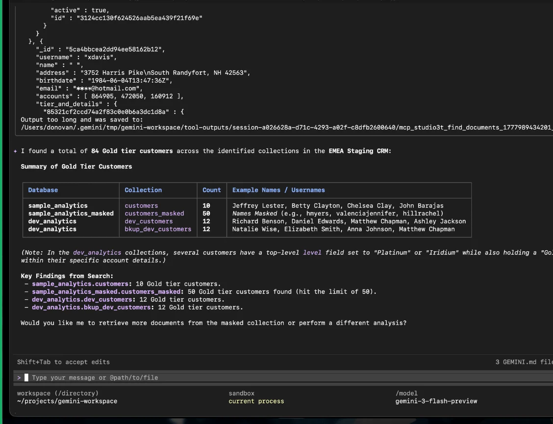 Studio 3T MCP server returning MongoDB query results in an AI client terminal, showing Gold tier customer data across multiple collections